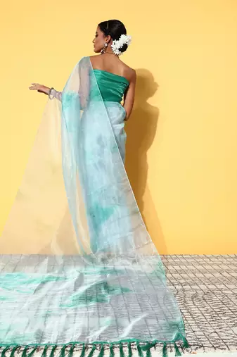 Turquoise Organza Printed Saree With Unstitched Blouse Piece