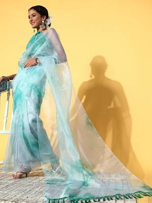 Turquoise Organza Printed Saree With Unstitched Blouse Piece 3
