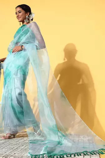 Turquoise Organza Printed Saree With Unstitched Blouse Piece
