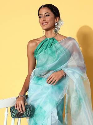 Turquoise Organza Printed Saree With Unstitched Blouse Piece 4