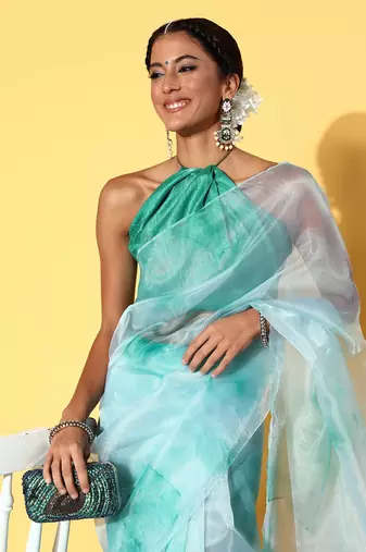 Turquoise Organza Printed Saree With Unstitched Blouse Piece