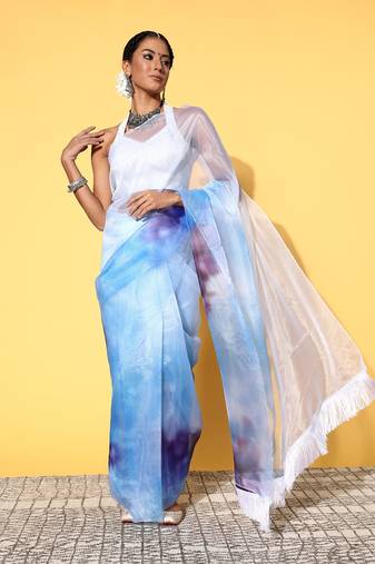 Sky Blue Organza Printed Saree With Unstitched Blouse Piece