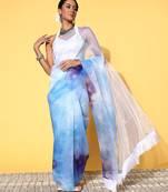 Sky Blue Organza Printed Saree With Unstitched Blouse Piece
