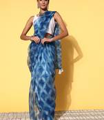 Cerulean Blue Organza Printed Saree With Unstitched Blouse Piece