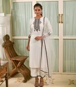 Off White Embroidered Viscose Rayon Fabric Kurta With Palazzo & Dupatta Set