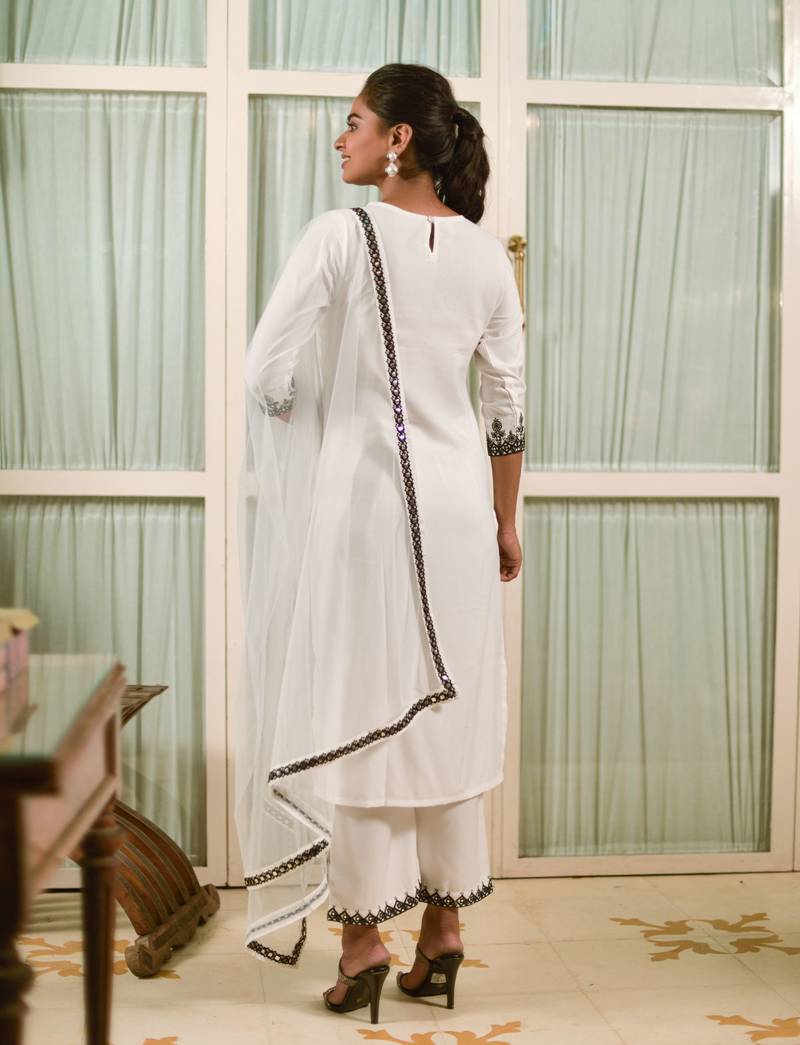 Off White Embroidered Viscose Rayon Fabric Kurta With Palazzo & Dupatta Set