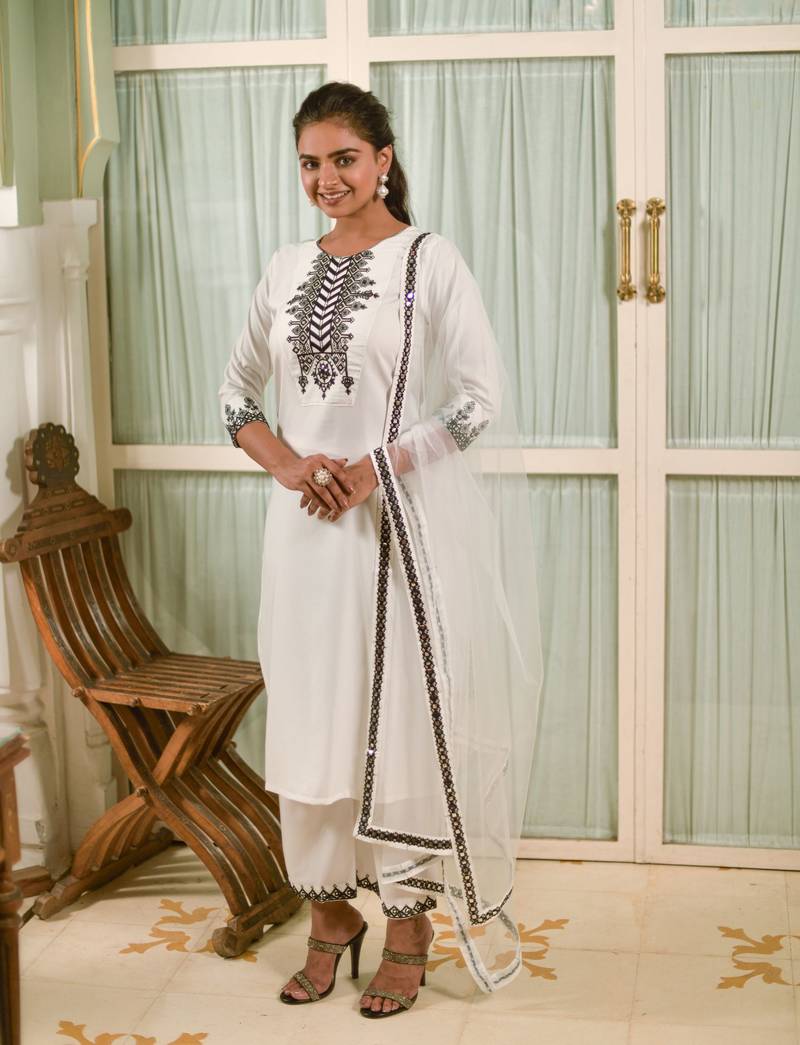 Off White Embroidered Viscose Rayon Fabric Kurta With Palazzo & Dupatta Set