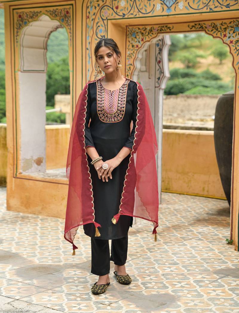 Black Color Sequence Embroidery Viscose Rayon Fabric Stitched Kurta Pant and Dupatta Set