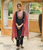 Black Color Sequence Embroidery Viscose Rayon Fabric Stitched Kurta Pant and Dupatta Set