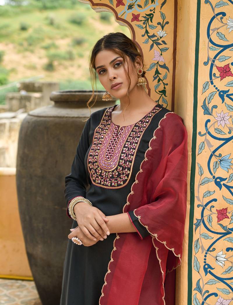Black Color Sequence Embroidery Viscose Rayon Fabric Stitched Kurta Pant and Dupatta Set