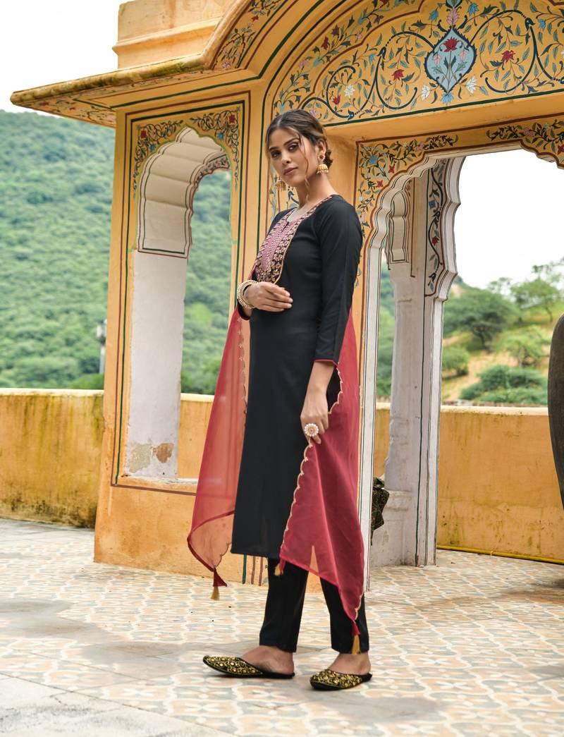 Black Color Sequence Embroidery Viscose Rayon Fabric Stitched Kurta Pant and Dupatta Set