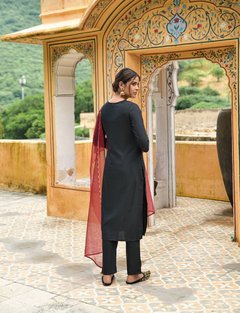 Black Color Sequence Embroidery Viscose Rayon Fabric Stitched Kurta Pant and Dupatta Set