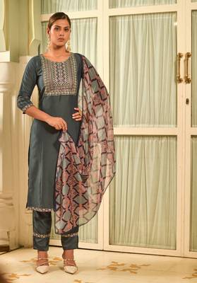 Grey Embroidery Sequin Work Viscose Rayon Kurta, Pant and Dupatta Set 1