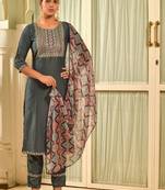 Grey Embroidery Sequin Work Viscose Rayon Kurta, Pant and Dupatta Set