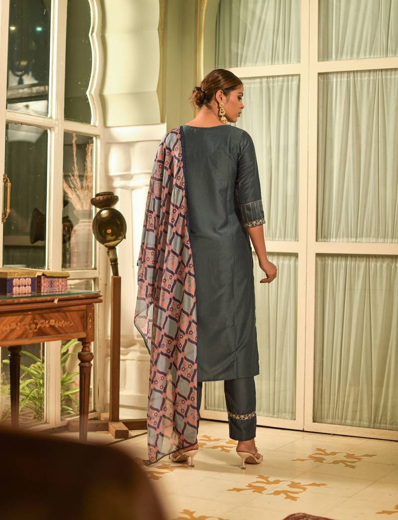 Grey Embroidery Sequin Work Viscose Rayon Kurta, Pant and Dupatta Set