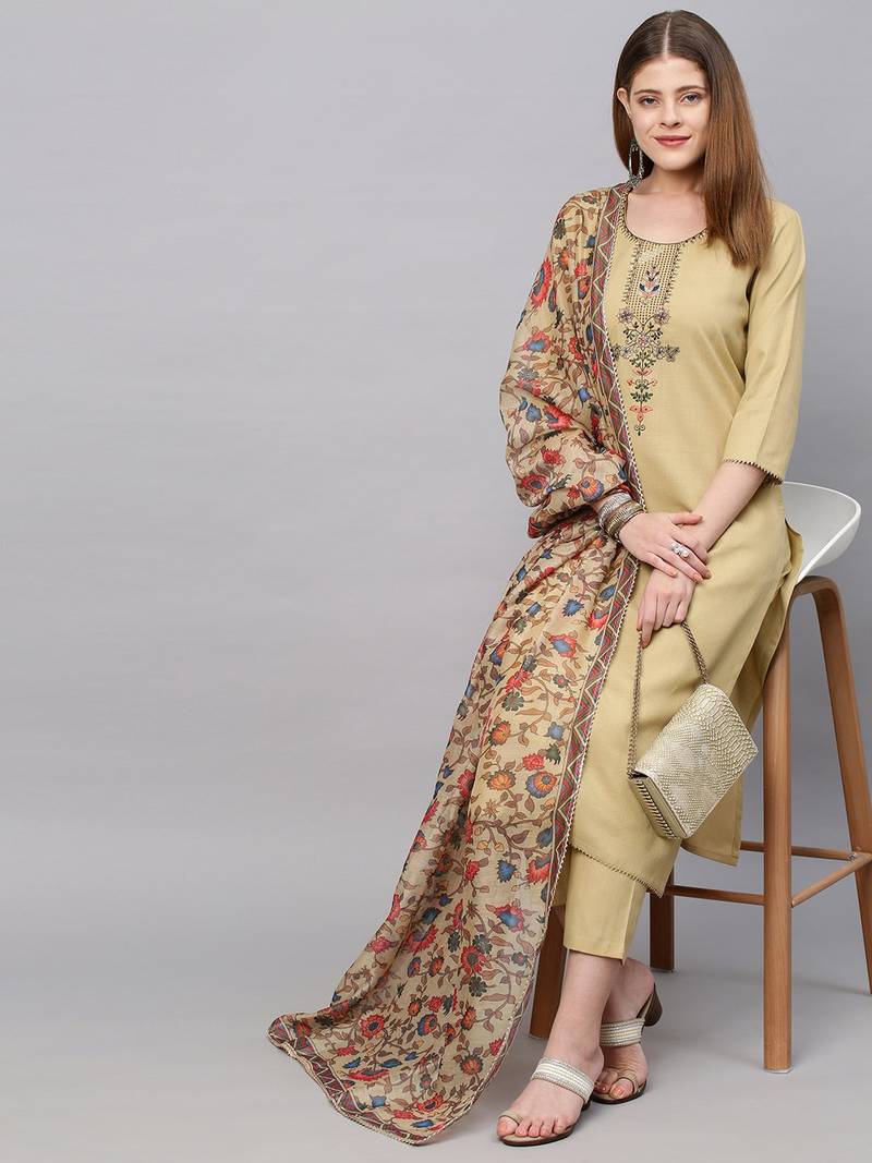 Yellowish brown Sequence Embroidered Cotton Kurta Pant and Dupatta Set
