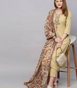 Yellowish brown Sequence Embroidered Cotton Kurta Pant and Dupatta Set
