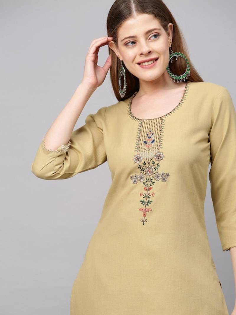 Yellowish brown Sequence Embroidered Cotton Kurta Pant and Dupatta Set