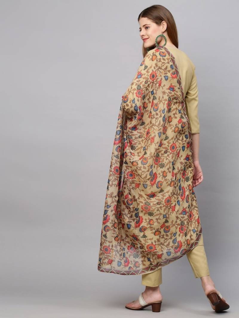 Yellowish brown Sequence Embroidered Cotton Kurta Pant and Dupatta Set
