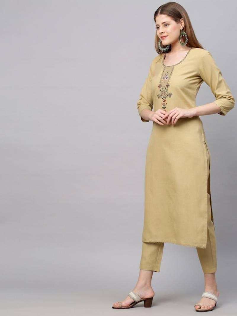 Yellowish brown Sequence Embroidered Cotton Kurta Pant and Dupatta Set