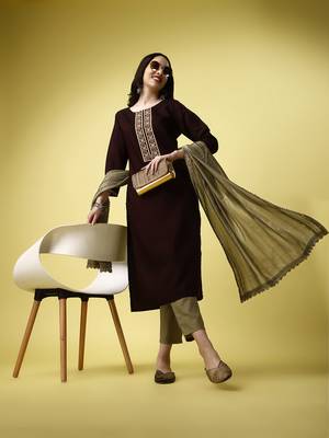 Burgundy Sequence Embroidered Work Silk Blend Fabric Straight Kurta, Pant and Dupatta Set 1