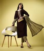 Burgundy Sequence Embroidered Work Silk Blend Fabric Straight Kurta, Pant and Dupatta Set