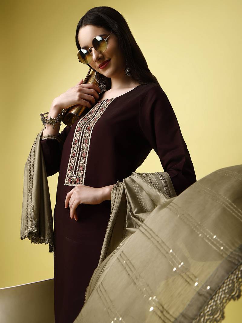 Burgundy Sequence Embroidered Work Silk Blend Fabric Straight Kurta, Pant and Dupatta Set