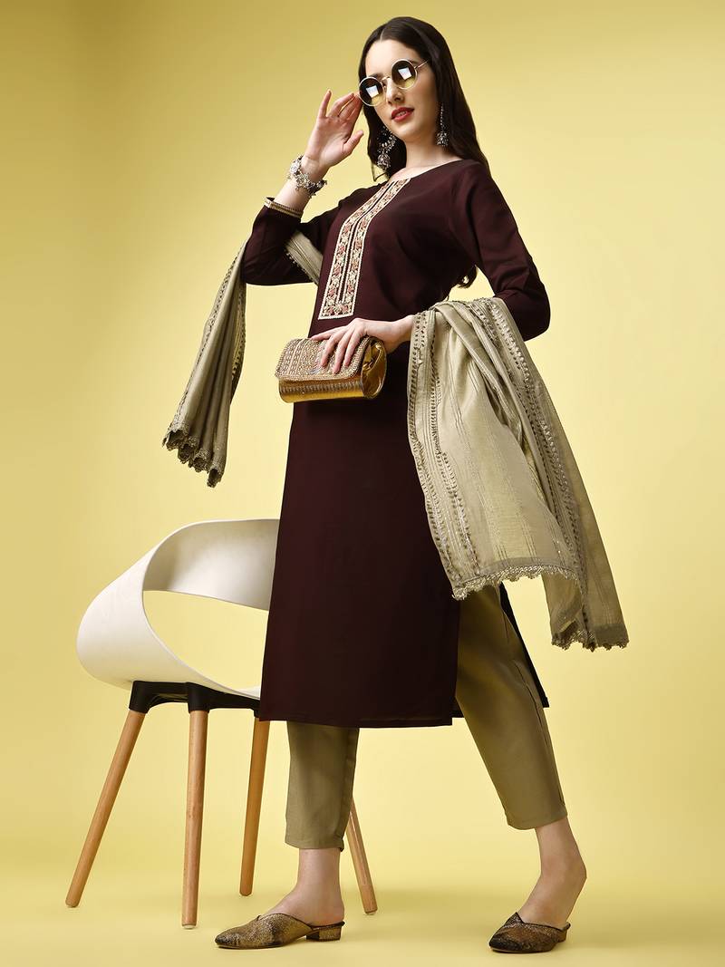 Burgundy Sequence Embroidered Work Silk Blend Fabric Straight Kurta, Pant and Dupatta Set