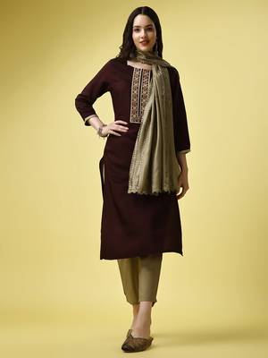 Burgundy Sequence Embroidered Work Silk Blend Fabric Straight Kurta, Pant and Dupatta Set 5
