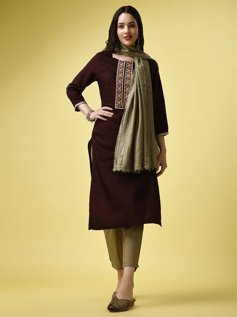 Burgundy Sequence Embroidered Work Silk Blend Fabric Straight Kurta, Pant and Dupatta Set