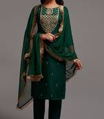 Forest Green Sequin Embroidered Work Viscose Rayon Blend Fabric Straight Kurta, Pant and Dupatta Set