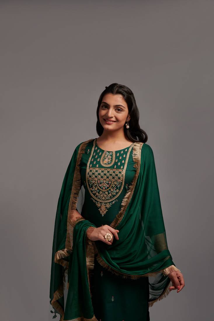 Forest Green Sequin Embroidered Work Viscose Rayon Blend Fabric Straight Kurta, Pant and Dupatta Set