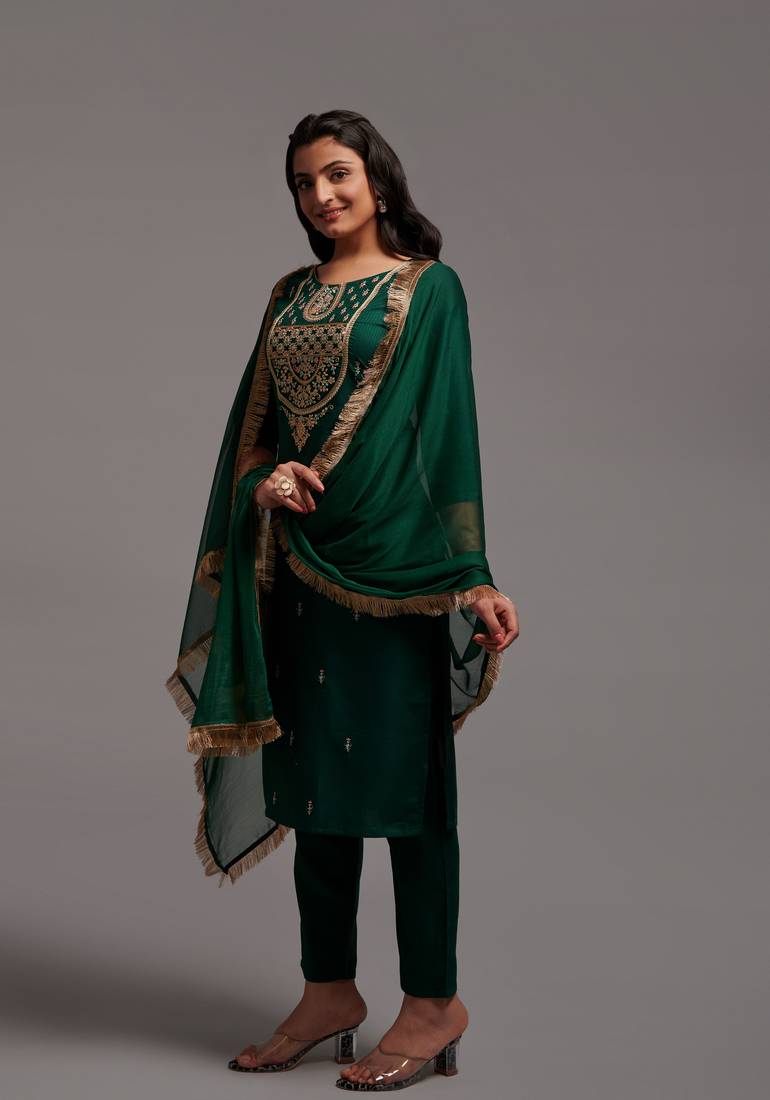 Forest Green Sequin Embroidered Work Viscose Rayon Blend Fabric Straight Kurta, Pant and Dupatta Set