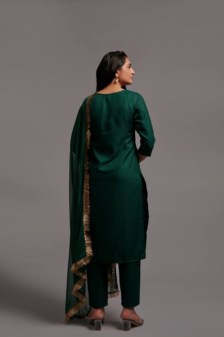 Forest Green Sequin Embroidered Work Viscose Rayon Blend Fabric Straight Kurta, Pant and Dupatta Set