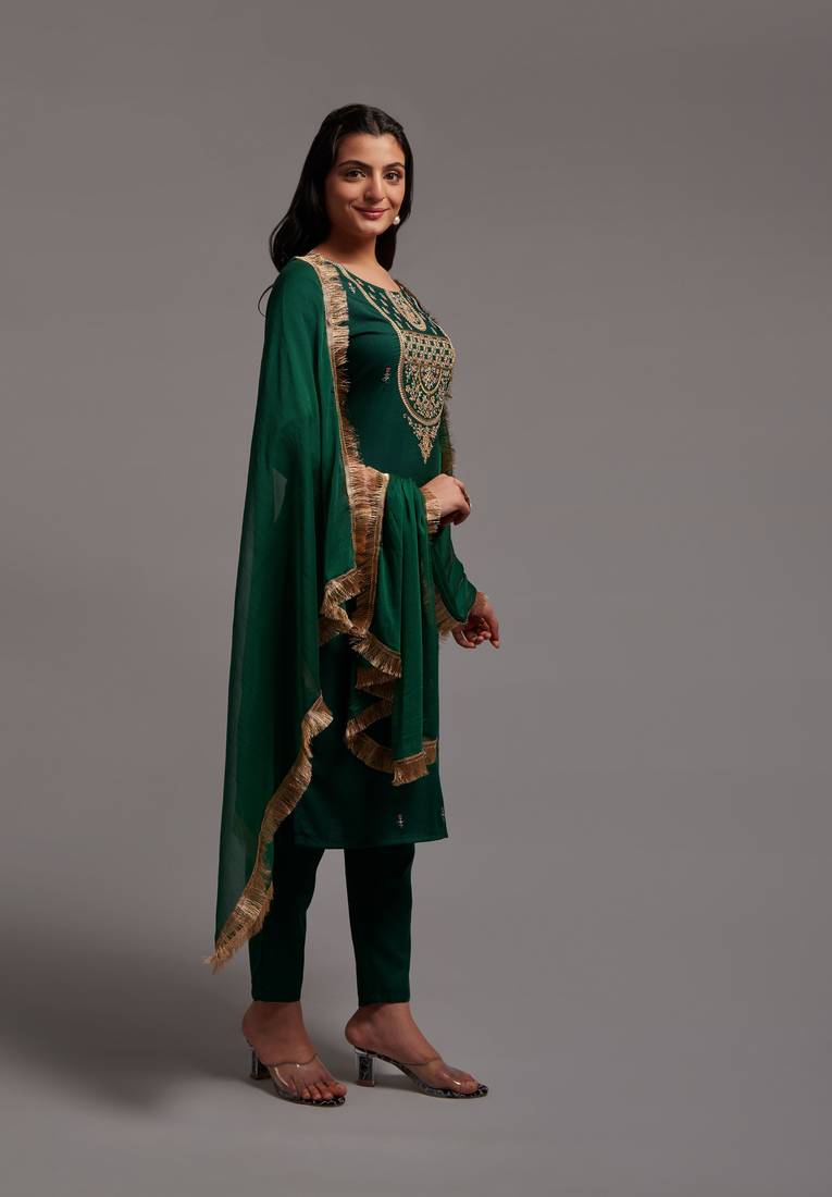 Forest Green Sequin Embroidered Work Viscose Rayon Blend Fabric Straight Kurta, Pant and Dupatta Set