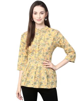 Anushil cotton cambric printed mandarian collar 3/4th sleeves short kurti style peplum top 1