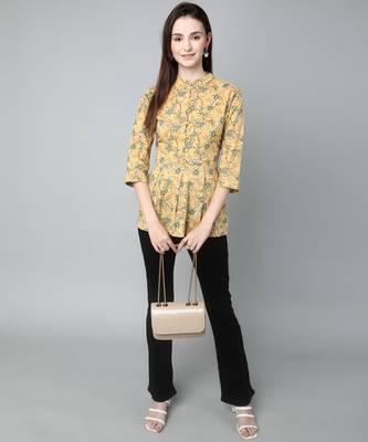Anushil cotton cambric printed mandarian collar 3/4th sleeves short kurti style peplum top 2