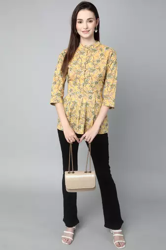 Anushil cotton cambric printed mandarian collar 3/4th sleeves short kurti style peplum top
