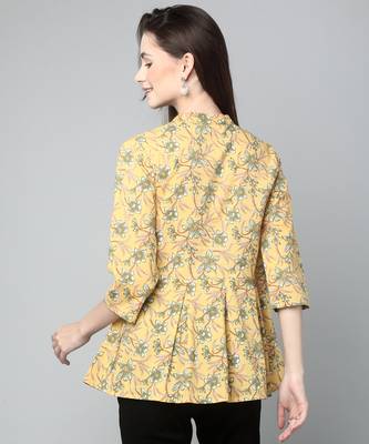 Anushil cotton cambric printed mandarian collar 3/4th sleeves short kurti style peplum top 3