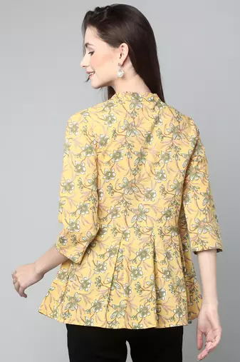 Anushil cotton cambric printed mandarian collar 3/4th sleeves short kurti style peplum top