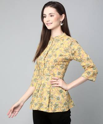 Anushil cotton cambric printed mandarian collar 3/4th sleeves short kurti style peplum top 5