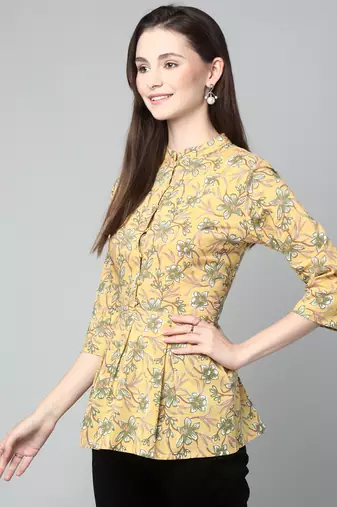 Anushil cotton cambric printed mandarian collar 3/4th sleeves short kurti style peplum top
