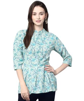 Anushil cotton cambric printed mandarian collar 3/4th sleeves short kurti style peplum top 1