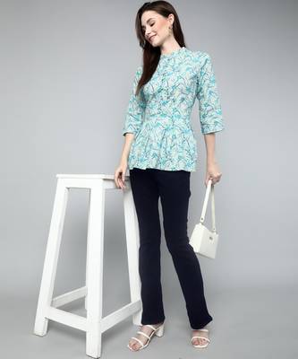Anushil cotton cambric printed mandarian collar 3/4th sleeves short kurti style peplum top 2