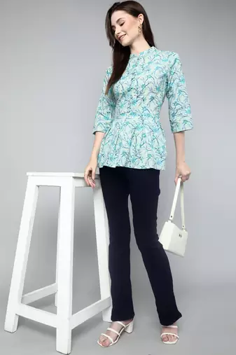 Anushil cotton cambric printed mandarian collar 3/4th sleeves short kurti style peplum top