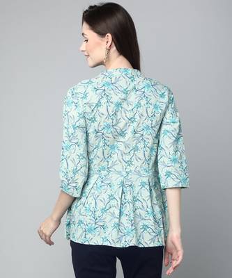 Anushil cotton cambric printed mandarian collar 3/4th sleeves short kurti style peplum top 3