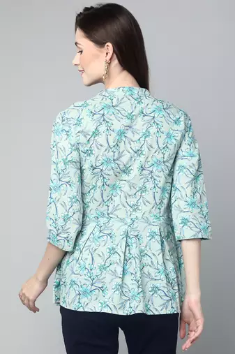 Anushil cotton cambric printed mandarian collar 3/4th sleeves short kurti style peplum top