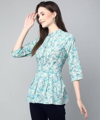 Anushil cotton cambric printed mandarian collar 3/4th sleeves short kurti style peplum top 5