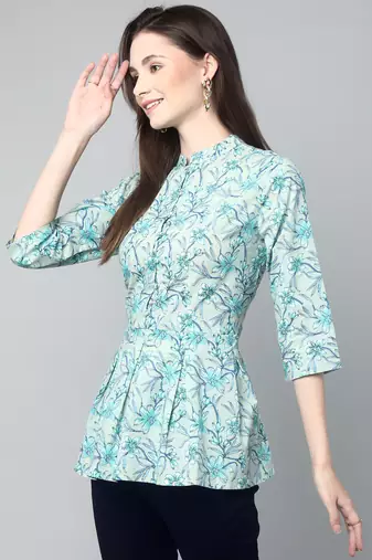 Anushil cotton cambric printed mandarian collar 3/4th sleeves short kurti style peplum top