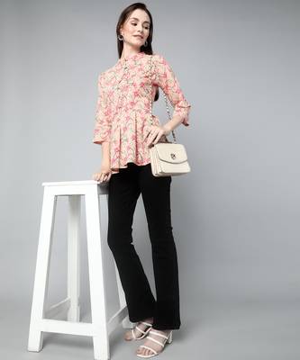 Anushil cotton cambric printed mandarian collar 3/4th sleeves short kurti style peplum top 2